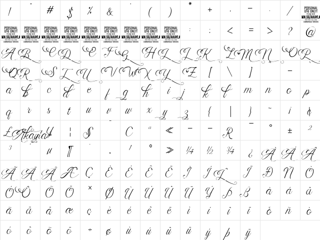 Akayla Script Deco PERSONAL USE Regular  glyph index