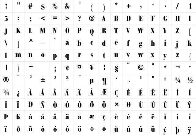 Bauer Bodoni Std 2 Black Condensed  glyph index