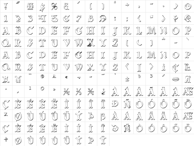 Wars of Asgard Condensed 3D Condensed  glyph index