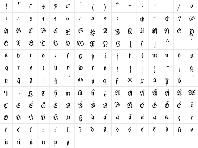 GebetbuchFraktur Regular  glyph index