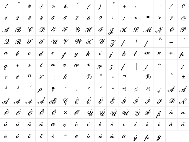 Commercial Script Std Regular  glyph index