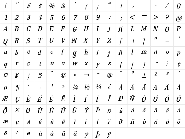 Calvino Regular  glyph index