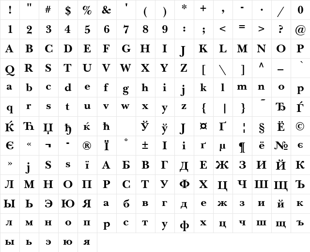 NewBaskervilleCTT Bold  glyph index