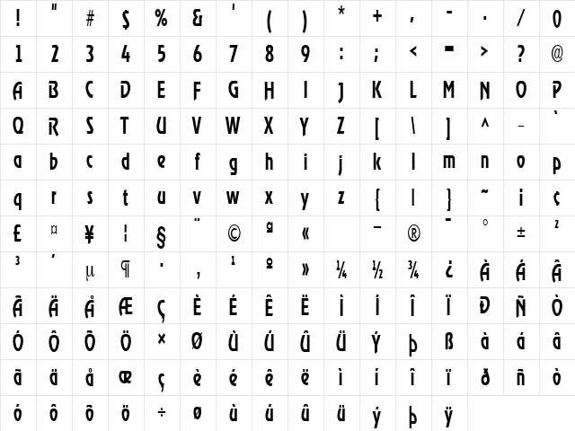 XanadauCondensed Regular  glyph index