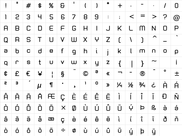 Zolano Sans BTN Bold  glyph index