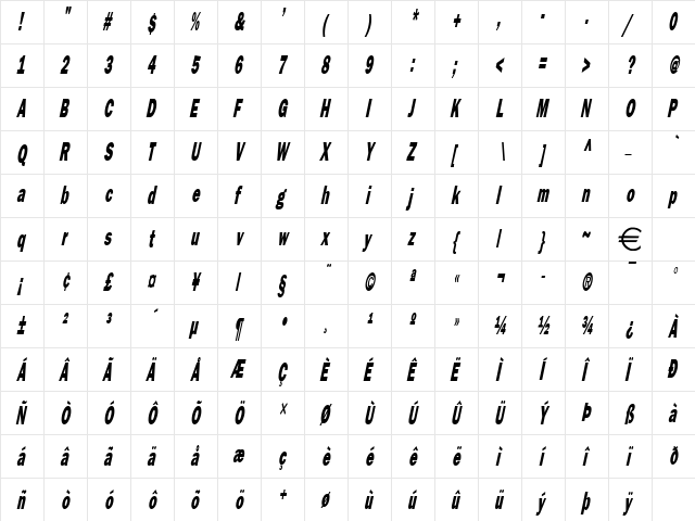 FrancisGothicThin Italic  glyph index