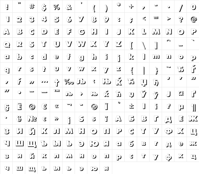 FuturaFuturisXShadowC Regular  glyph index