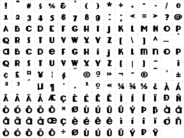 Lemondrop Bold  glyph index