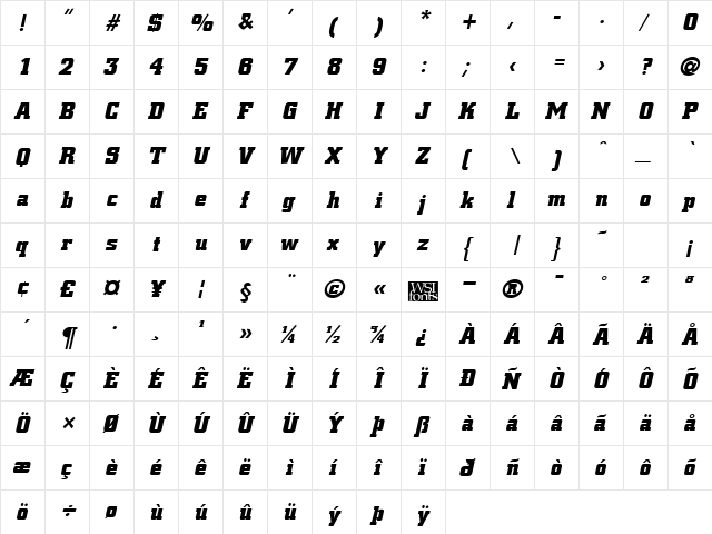 CivicBlack Italic  glyph index