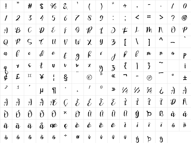 Vennesia Regular  glyph index