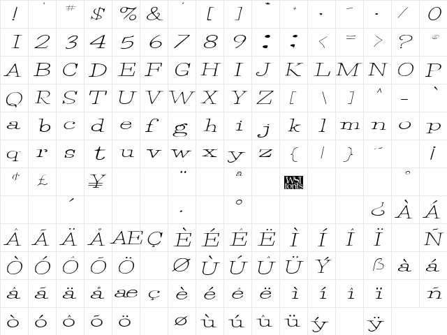 Merrill Italic  glyph index