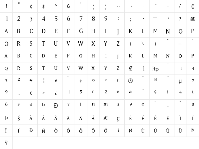MatrixBookSmallCaps Regular  glyph index