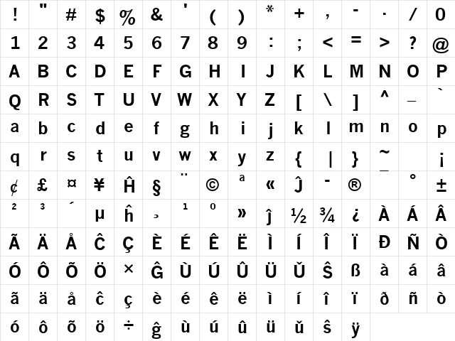 News Gothic MT Eo Bold  glyph index