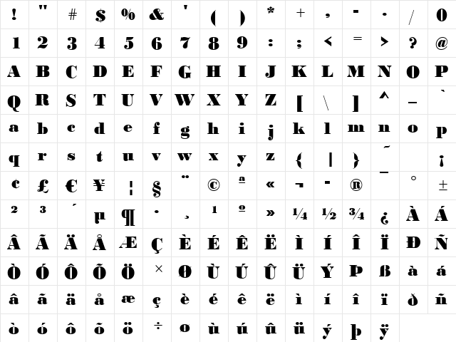 Bodoni-Black Regular  glyph index