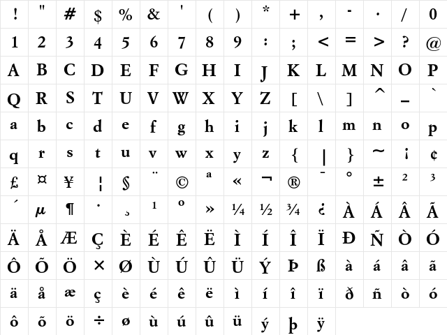 Italian Garamond Bold  glyph index