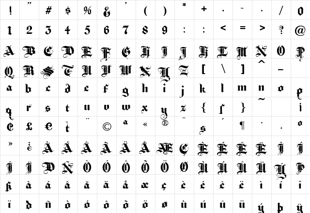 BaroqueTextJF Regular  glyph index