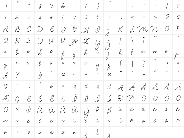 Velvet Script Regular  glyph index