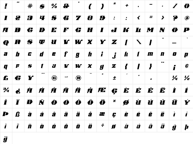 Stampede Open Italic Fill Regular  glyph index
