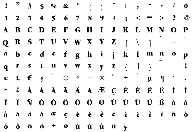 Q650-Roman Bold  glyph index
