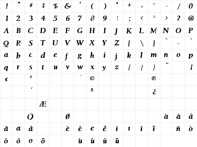 Frost 4 Bold  glyph index