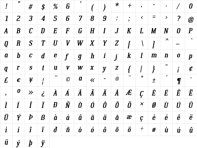 Krasivyi Bold Italic  glyph index