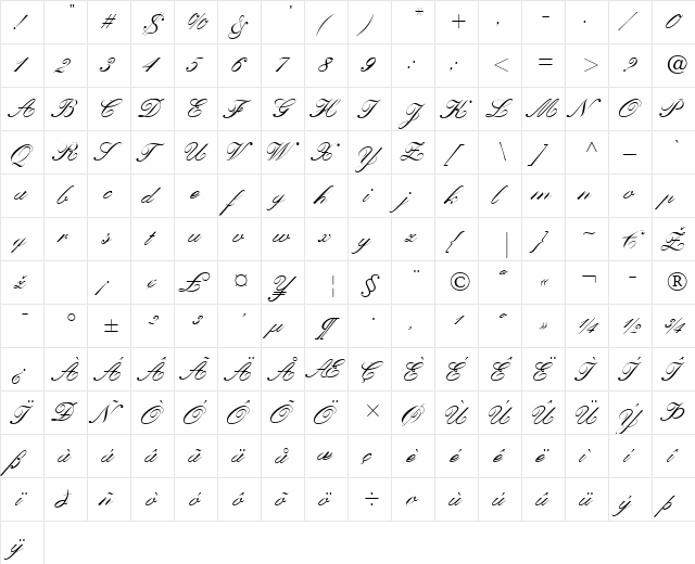 KuenstlerScript LT Medium Regular  glyph index