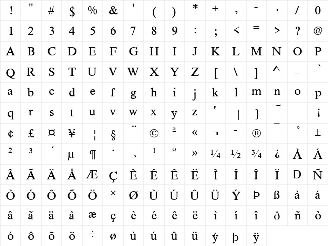Nimbus Roman Becker No2TReg Regular  glyph index