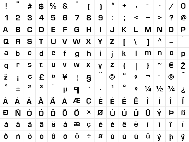 Eurostile LT Bold  glyph index