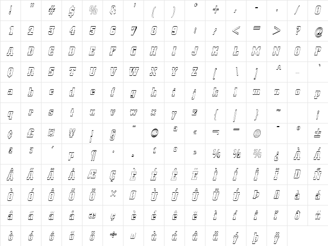 Borghs-Hollow-Condensed Italic  glyph index