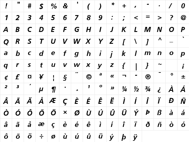 Frutiger LT Com 66 Bold Italic  glyph index