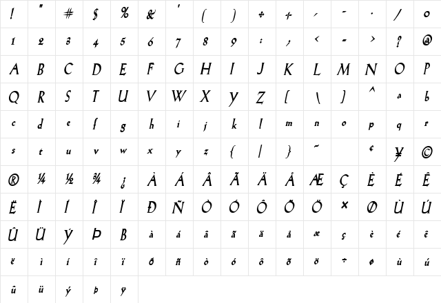 Salem-Condensed Bold Italic  glyph index