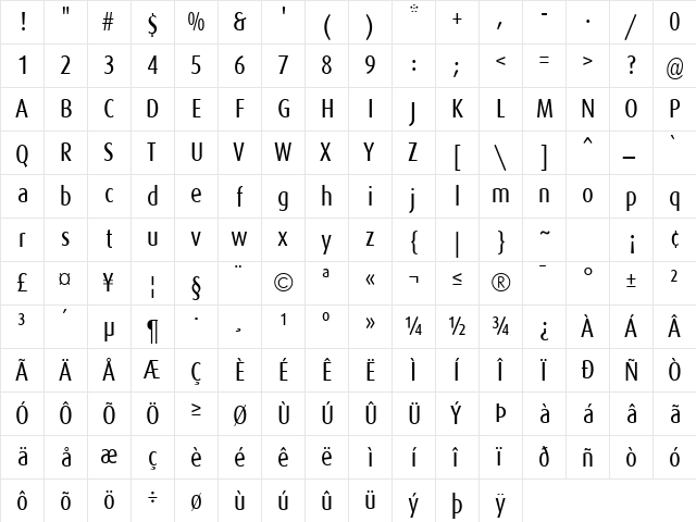 DaxCondensed Regular  glyph index