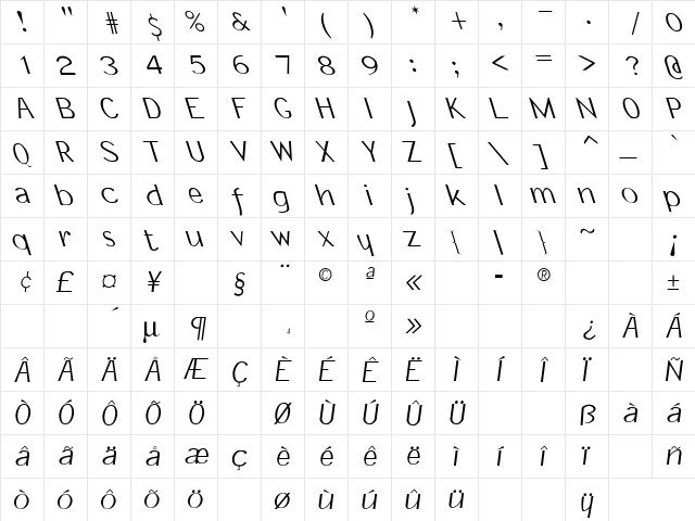 Memo Left Regular  glyph index