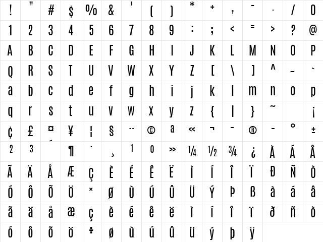 Antonio Regular  glyph index
