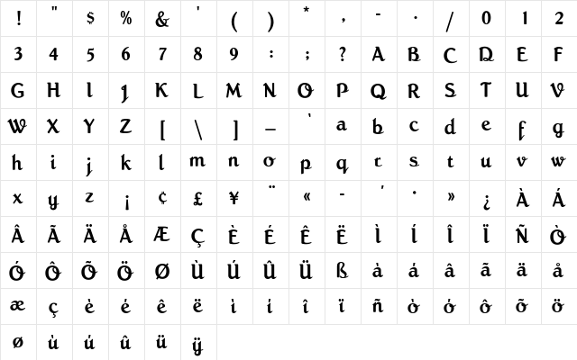 RomanScriptEF Regular  glyph index
