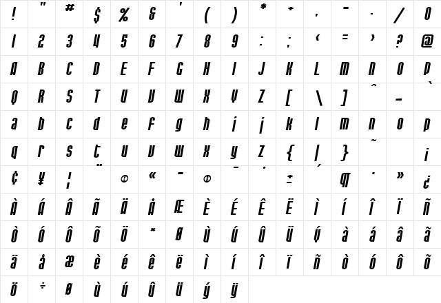 SF Port McKenzie Extended Italic  glyph index