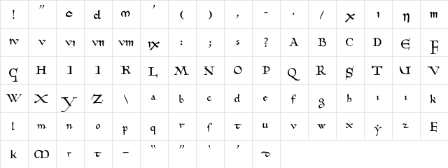 10thCenturyBookhandWF Regular  glyph index