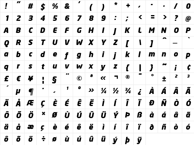 Neo Sans Black Italic  glyph index