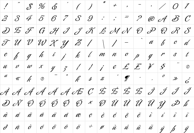 Sinfonieta Regular  glyph index