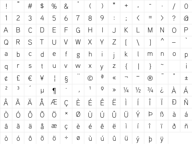 Aaux ProLight Regular  glyph index