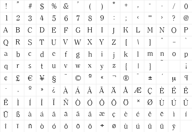 ClearfaceSerial-Light Regular  glyph index