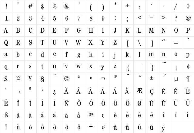 CenturyEF-BookCondensed Regular  glyph index