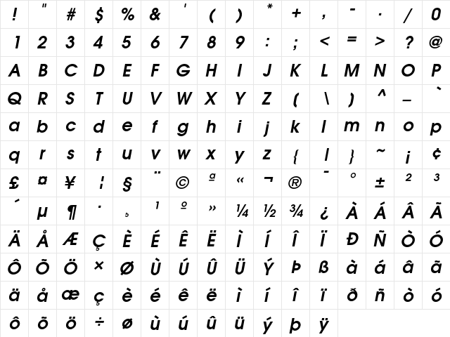 ITC Avant Garde Gothic Demi Oblique  glyph index