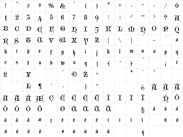 Westminster Gothic Regular  glyph index