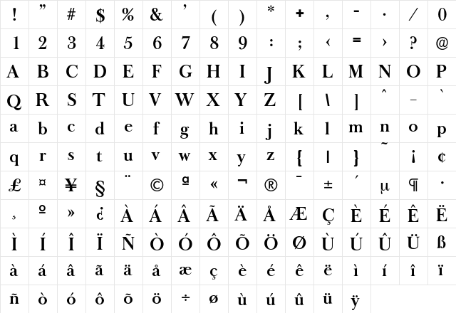Oldbaskerville-DemiBold Regular  glyph index