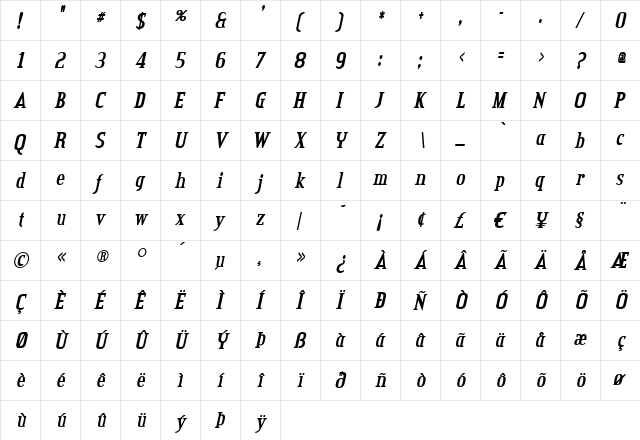 Credit Valley Bold Italic  glyph index
