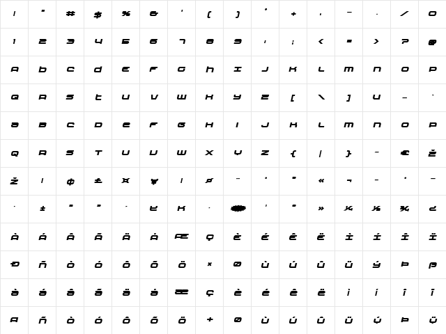 Nextwave Bold Italic Bold Italic  glyph index