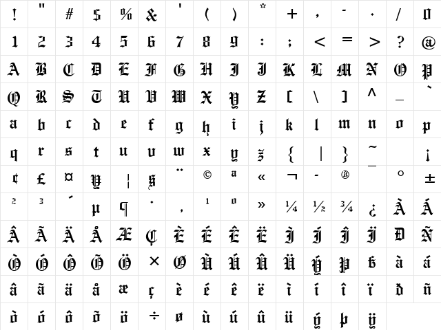Old English Regular  glyph index