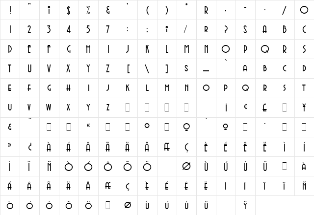 Avenida LET Plain  glyph index