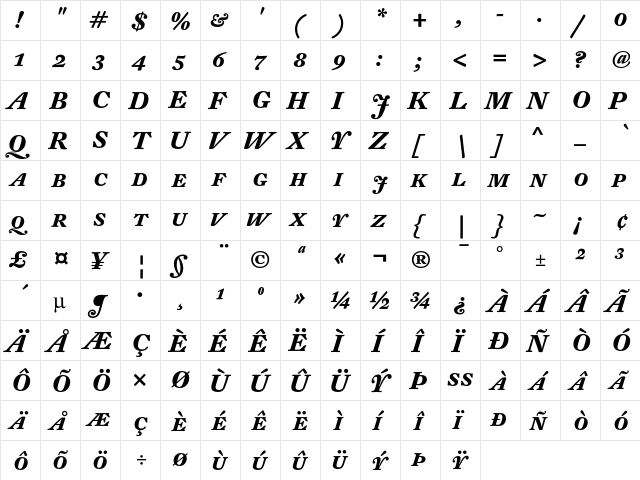 DTL Fleischmann T Bold Italic Caps  glyph index